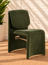 Load image into Gallery viewer, Zain sculptural frame dining chair in Moss Olive polyester fabric with brushed brass stretcher bar
