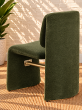 Load image into Gallery viewer, Zain sculptural frame dining chair in Moss Olive polyester fabric with brushed brass stretcher bar
