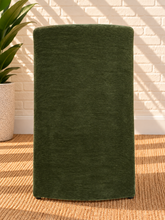 Load image into Gallery viewer, Zain sculptural frame dining chair in Moss Olive polyester fabric with brushed brass stretcher bar
