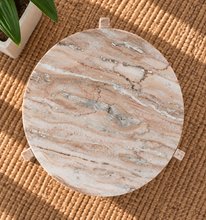 Load image into Gallery viewer, Zanea marble side table in Cocoa Vein with round brown marble top and sculptural three-panel base

