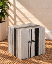 Load image into Gallery viewer, Zelda Noir Blanc black and white marble cube side table with dramatic natural veining.
