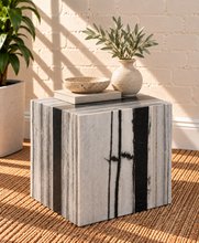 Load image into Gallery viewer, Zelda Noir Blanc black and white marble cube side table with dramatic natural veining.
