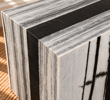 Load image into Gallery viewer, Zelda Noir Blanc black and white marble cube side table with dramatic natural veining.
