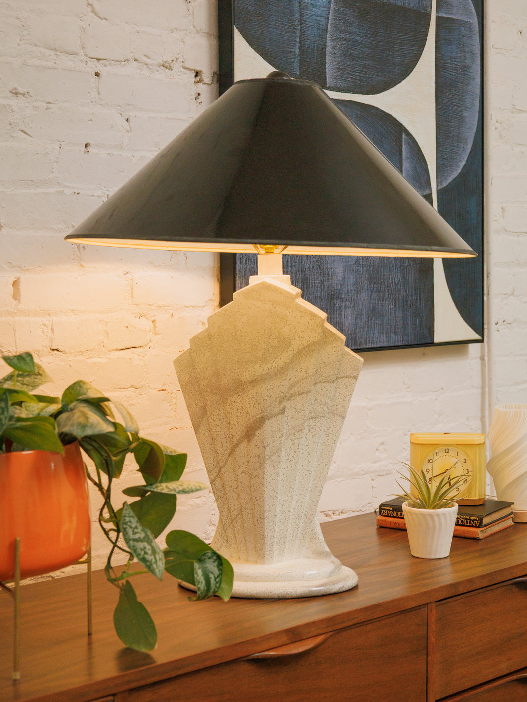 Sculptural Deco Revival Ceramic Lamp  Stone-Look Base