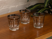 Load image into Gallery viewer, Vintage Dorothy Thorpe Silver Stripe Liqour Glasses Set of 3 MCM Barware Mid-Century Modern Platinum Rimmed Cord
