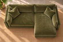 Load image into Gallery viewer, Image 4 of 4: Overhead view of Hansel two-piece modular sectional sofa in Amici Moss with right-facing cuddle chaise and plush cushions
