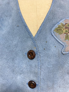 Vintage Slate Blue Suede Vest with Floral Patches -As Found