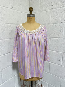 Lilac Striped Blouse with Crochet Neckline