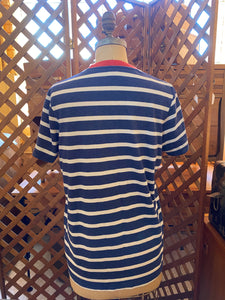 Striped Blue and White T-Shirt with Red Collar (XL)