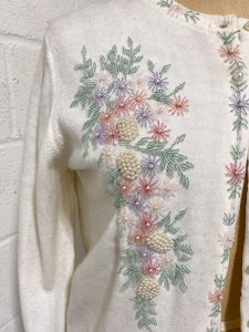 Cream Cardigan with Floral Beading   - As Found