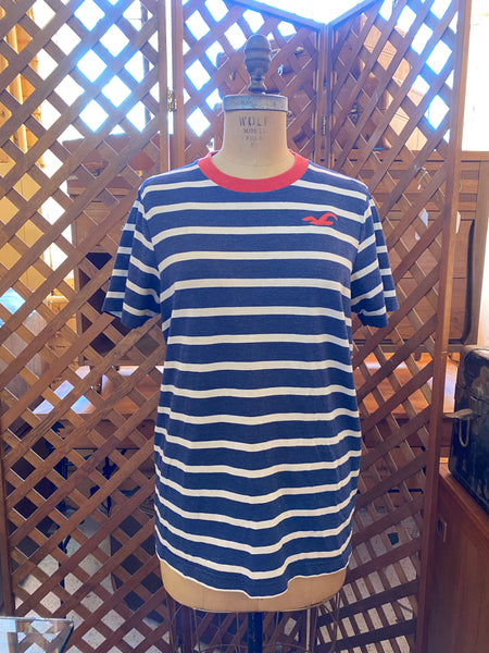 Striped Blue and White T-Shirt with Red Collar (XL
