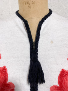 White and Black Cardigan with Rose Motif -As Found