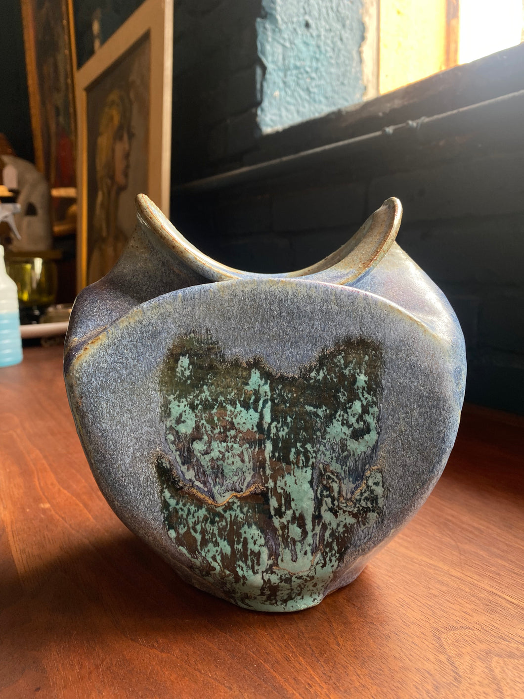 Vintage Blue Sculptural Stoneware Vase - Signed