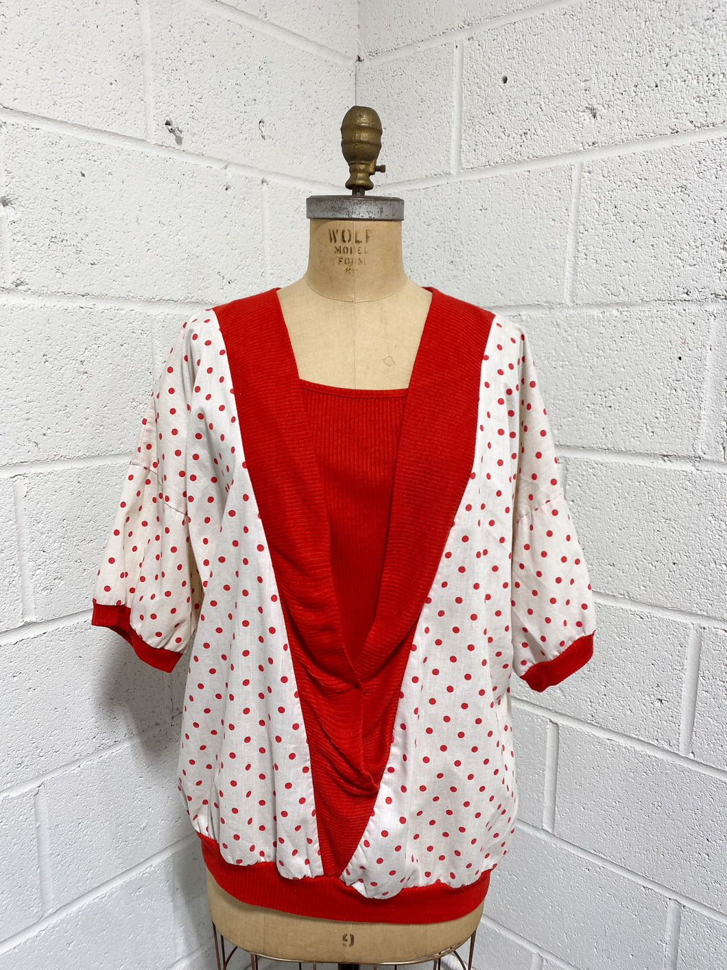 Vintage White with Red Polka Dot Blouse - As Found(20W)