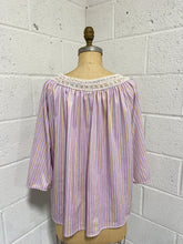 Load image into Gallery viewer, Lilac Striped Blouse with Crochet Neckline
