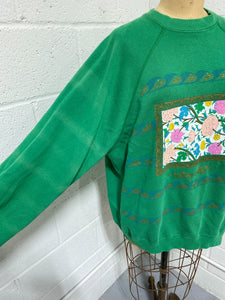 Green Pullover Sweatshirt with Floral Motif