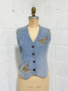 Vintage Slate Blue Suede Vest with Floral Patches -As Found