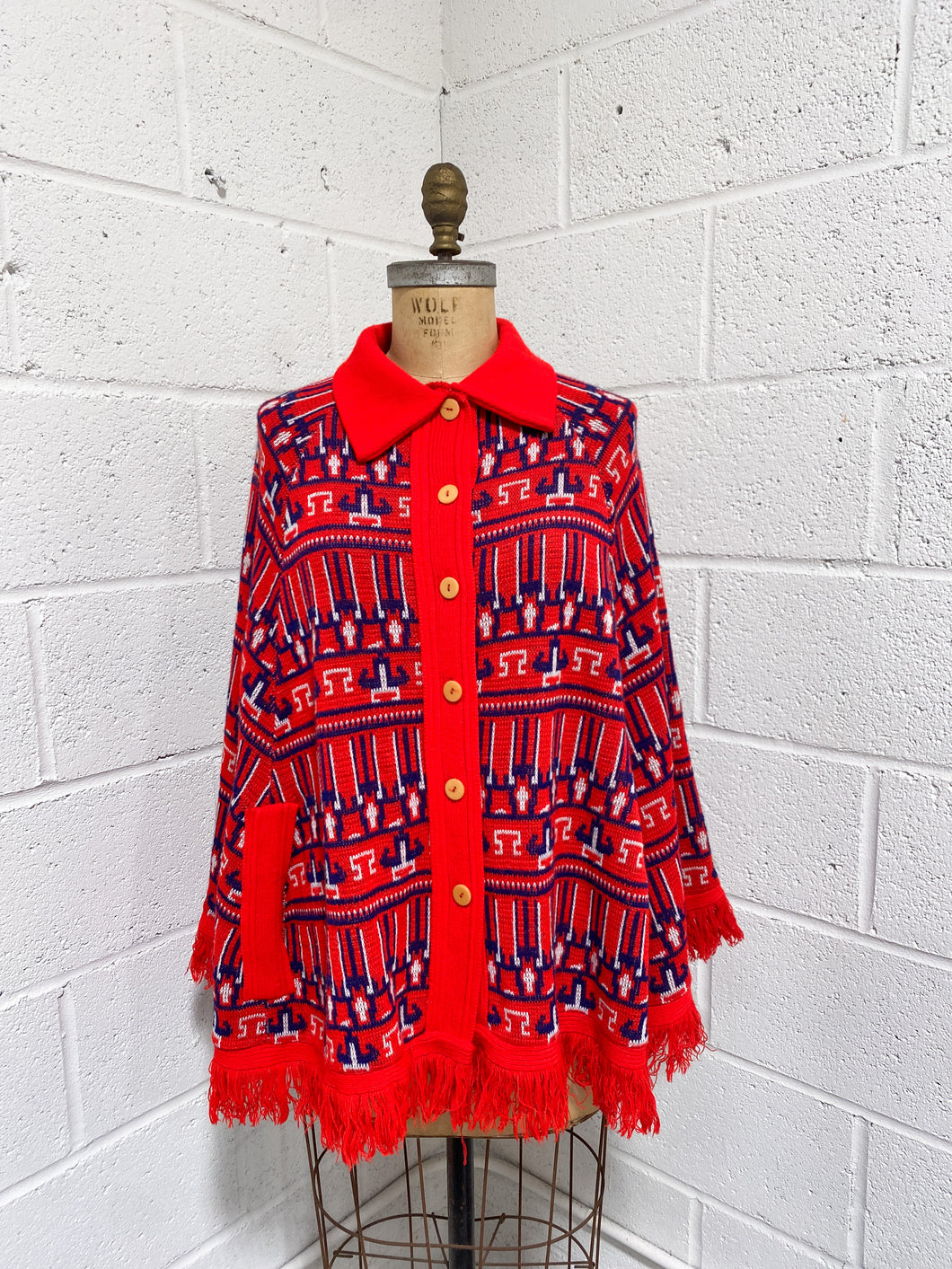 Vintage Red, White and Blue Button Up Poncho