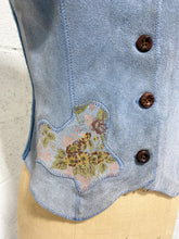 Load image into Gallery viewer, Vintage Slate Blue Suede Vest with Floral Patches -As Found
