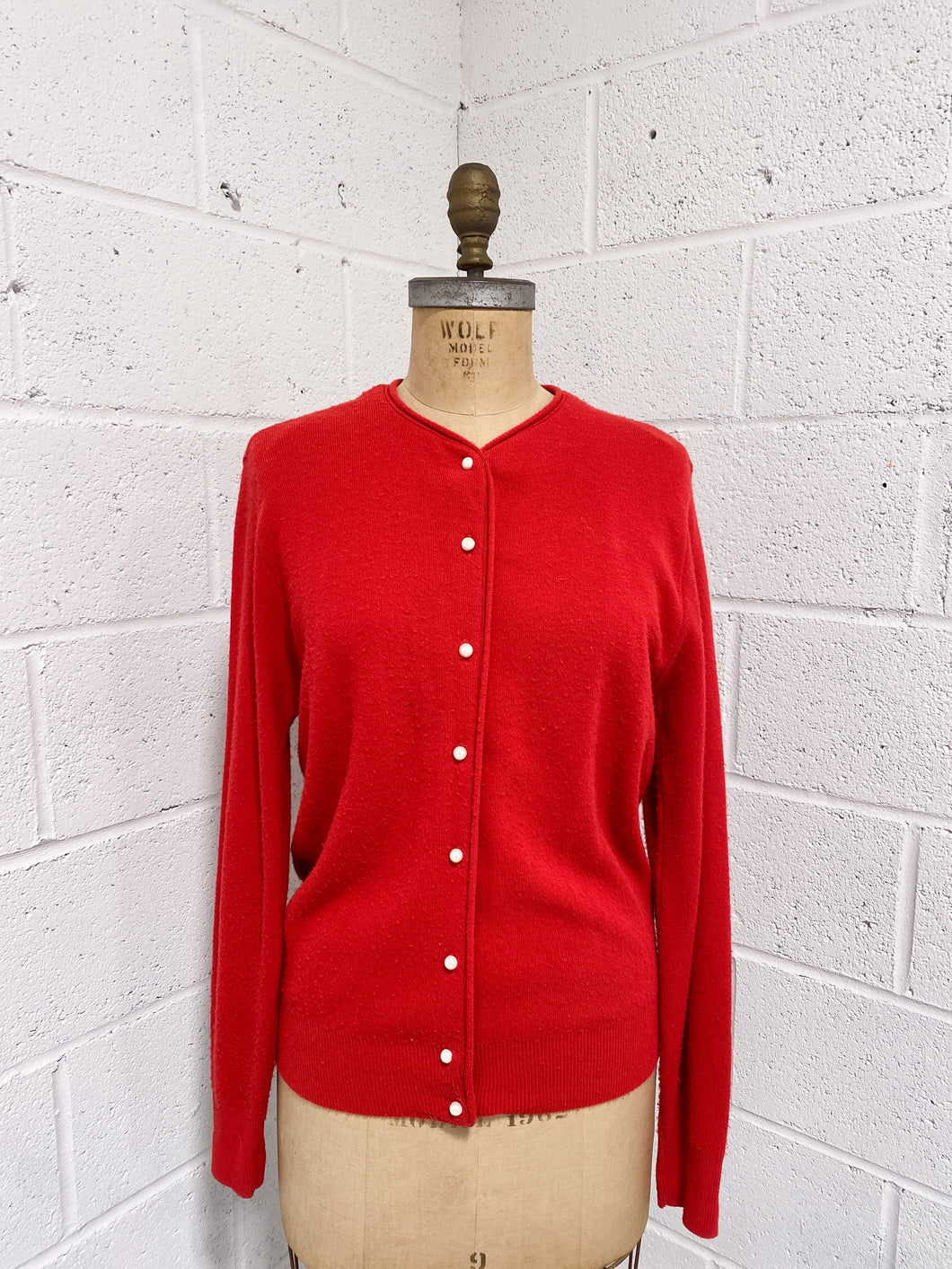 Red Cardigan with Pearl Buttons   - As Found