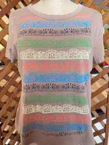 Tan T-Shirt with Colorful Graphic Pattern