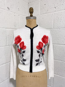 White and Black Cardigan with Rose Motif -As Found