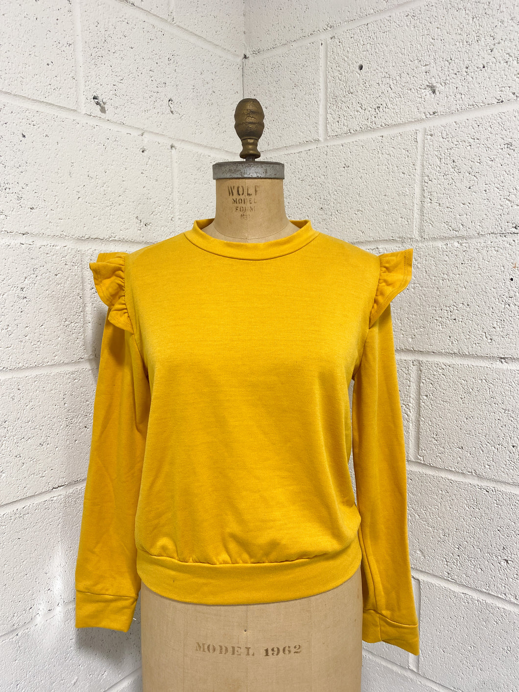 Mustard Knit Blouse with Ruffled Shoulder Detail (L)