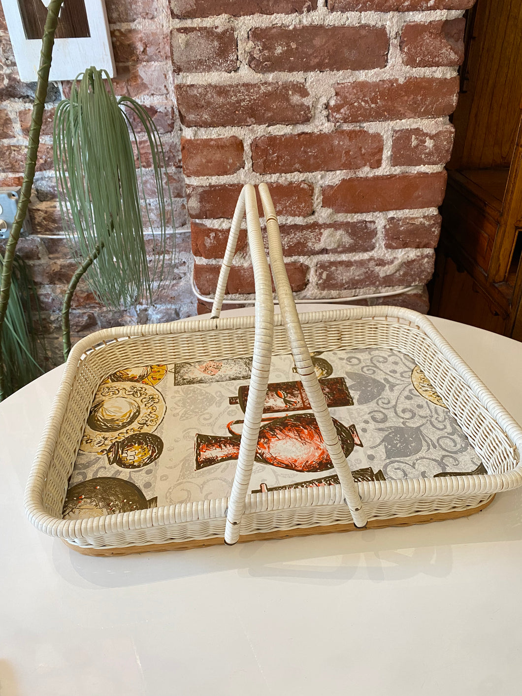 Vintage White Wicker Tray with Handles