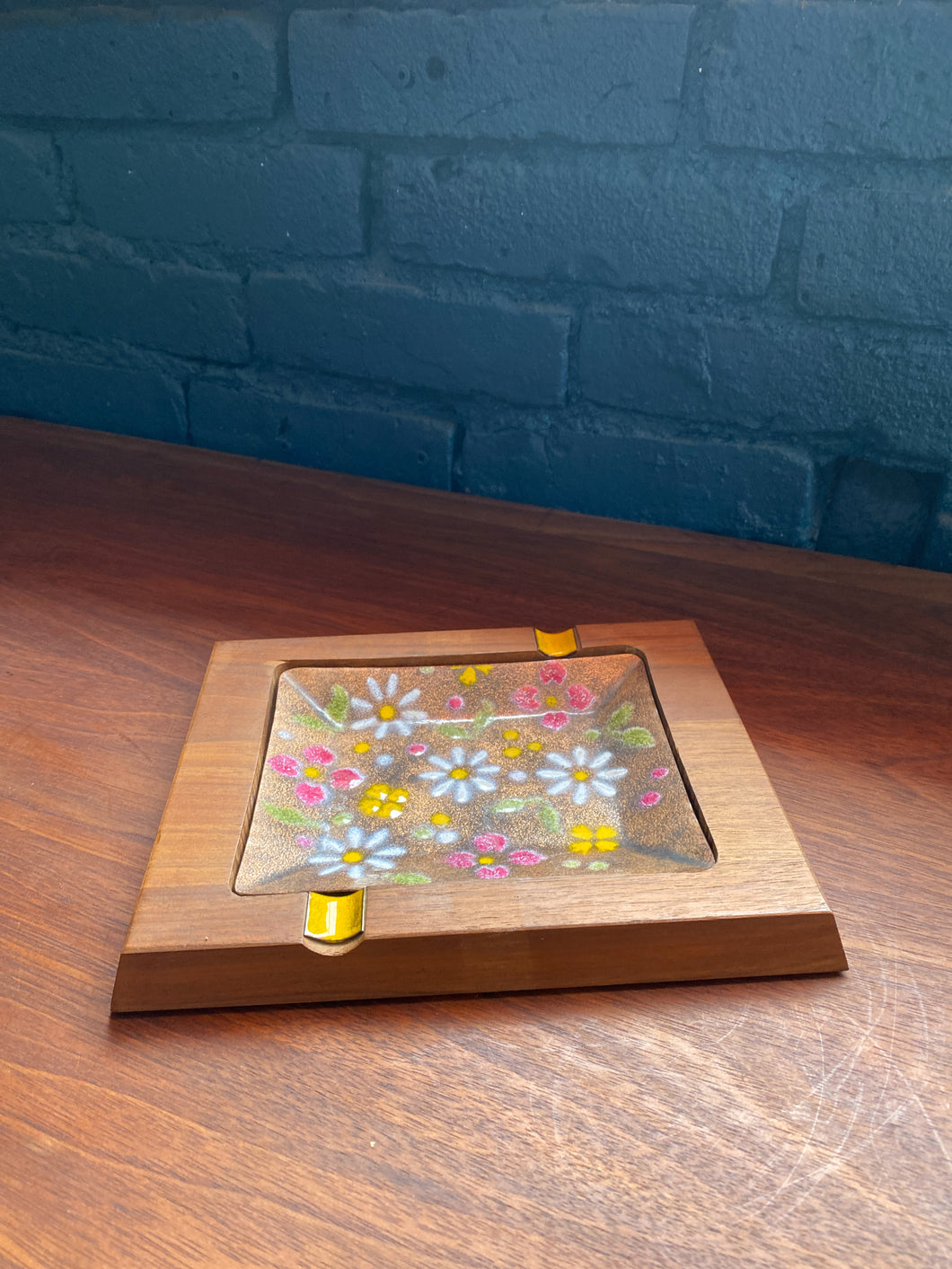 Wood and Floral Enamel Ashtray/Catchall