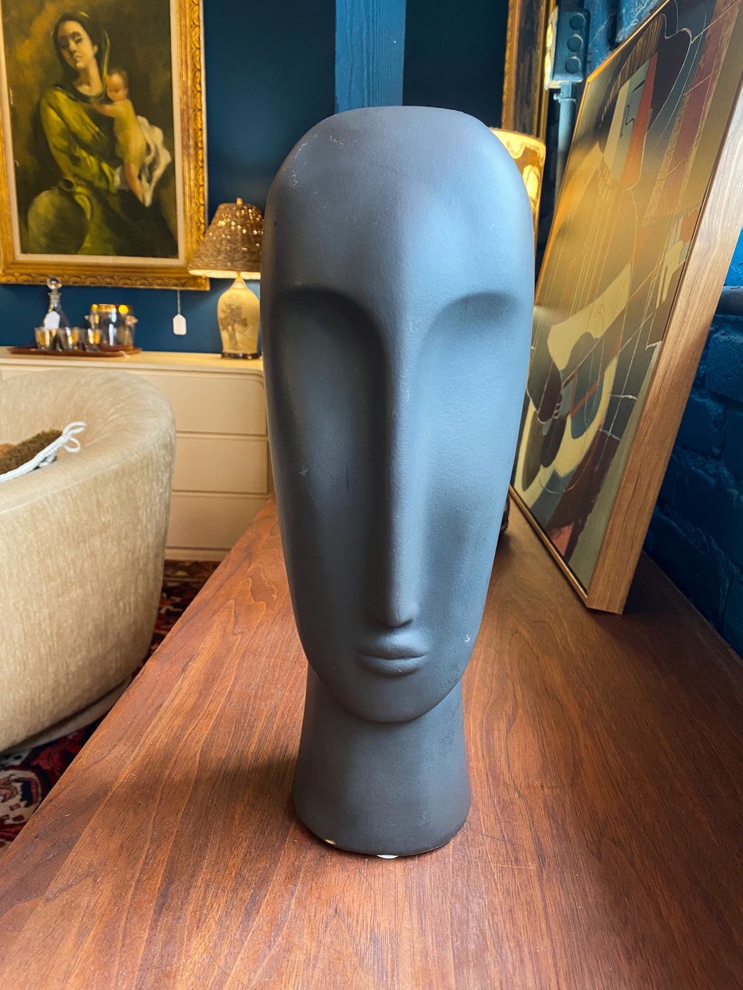 Vintage Black Ceramic Elongated Head Figurine