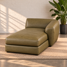 Load image into Gallery viewer, Image 8 of 8: Lucero olive-toned leather right-arm chaise with a continuous extended seat cushion, rounded arm on the viewer's right and an open left side.
