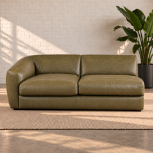 Load image into Gallery viewer, Image 4 of 8: Lucero 79-inch olive-toned leather sofa section with two seat cushions, a rounded arm on the viewer's left and an open right end.
