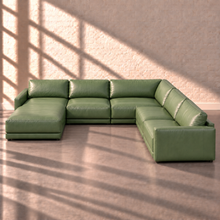 Load image into Gallery viewer, Image 6 of 18: Simulated Orinda large modular sectional with an integrated left-arm chaise with one continuous cushion and a long right seating return, in sage green Sequoia Rainforest leather without accent pillows.
