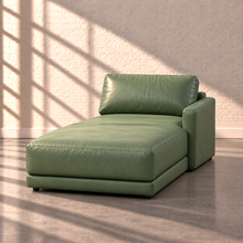 Load image into Gallery viewer, Image 12 of 18: Simulated Orinda individual right-arm chaise module in sage green Sequoia Rainforest leather, without accent pillows, in the Sunbeam white brick setting.
