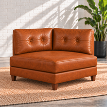 Load image into Gallery viewer, Image 10 of 13: Solano corner wedge component in Sequoia Fawn leather with tufted back cushions and walnut legs
