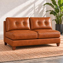 Load image into Gallery viewer, Image 13 of 13: Solano 61-inch armless loveseat in Sequoia Fawn leather with two tufted back cushions and walnut legs
