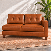 Load image into Gallery viewer, Image 9 of 13: Solano 67-inch right-arm condo sofa component in Sequoia Fawn leather with two tufted back cushions and walnut legs
