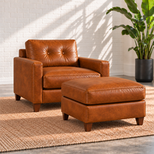 Load image into Gallery viewer, Image 2 of 2: Solano armchair and matching ottoman in distressed Sequoia Fawn leather with tapered walnut legs.
