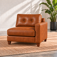 Load image into Gallery viewer, Image 6 of 13: Solano right-arm chair component in Sequoia Fawn leather with tufted back, walnut legs and arm on the viewer’s right
