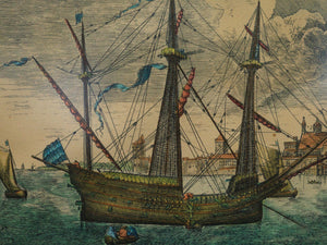 Warship in Profile Hand-Colored Engraving After Bruegel by Frans Huy