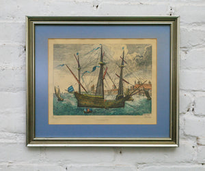 Warship in Profile Hand-Colored Engraving After Bruegel by Frans Huy
