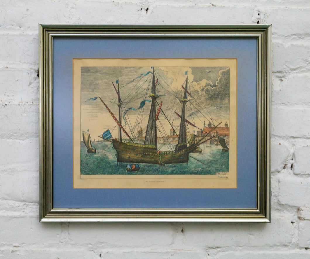 Warship in Profile Hand-Colored Engraving After Bruegel by Frans Huy