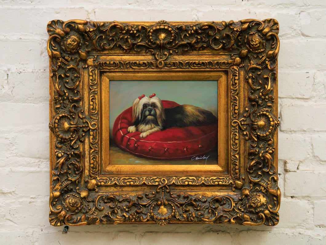 Aristocratic Vintage Shih Tzu Oil Painting in Gilded Baroque Frame