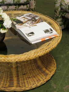 1970s hourglass Rattan and Glass coffee table