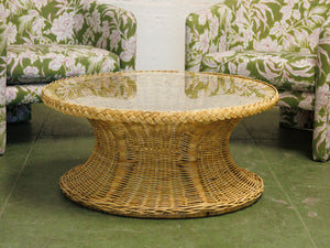1970s hourglass Rattan and Glass coffee table