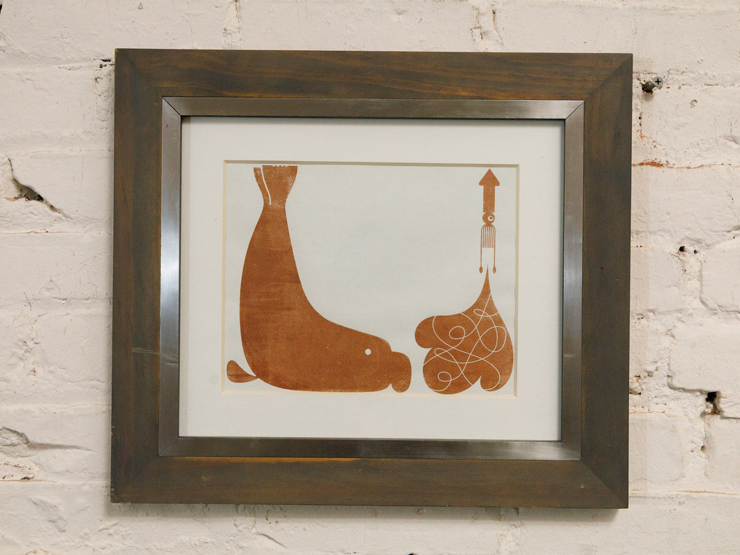 Vintage block mono print whale modern art