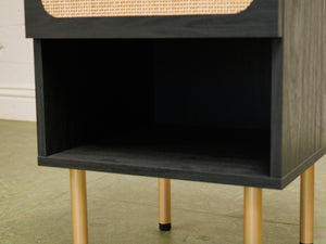Pair of Black and Rattan Nightstands