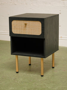 Pair of Black and Rattan Nightstands