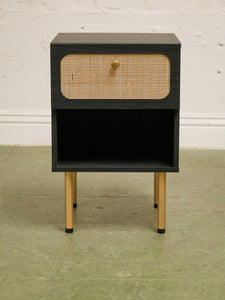 Pair of Black and Rattan Nightstands
