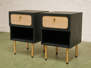 Pair of Black and Rattan Nightstands